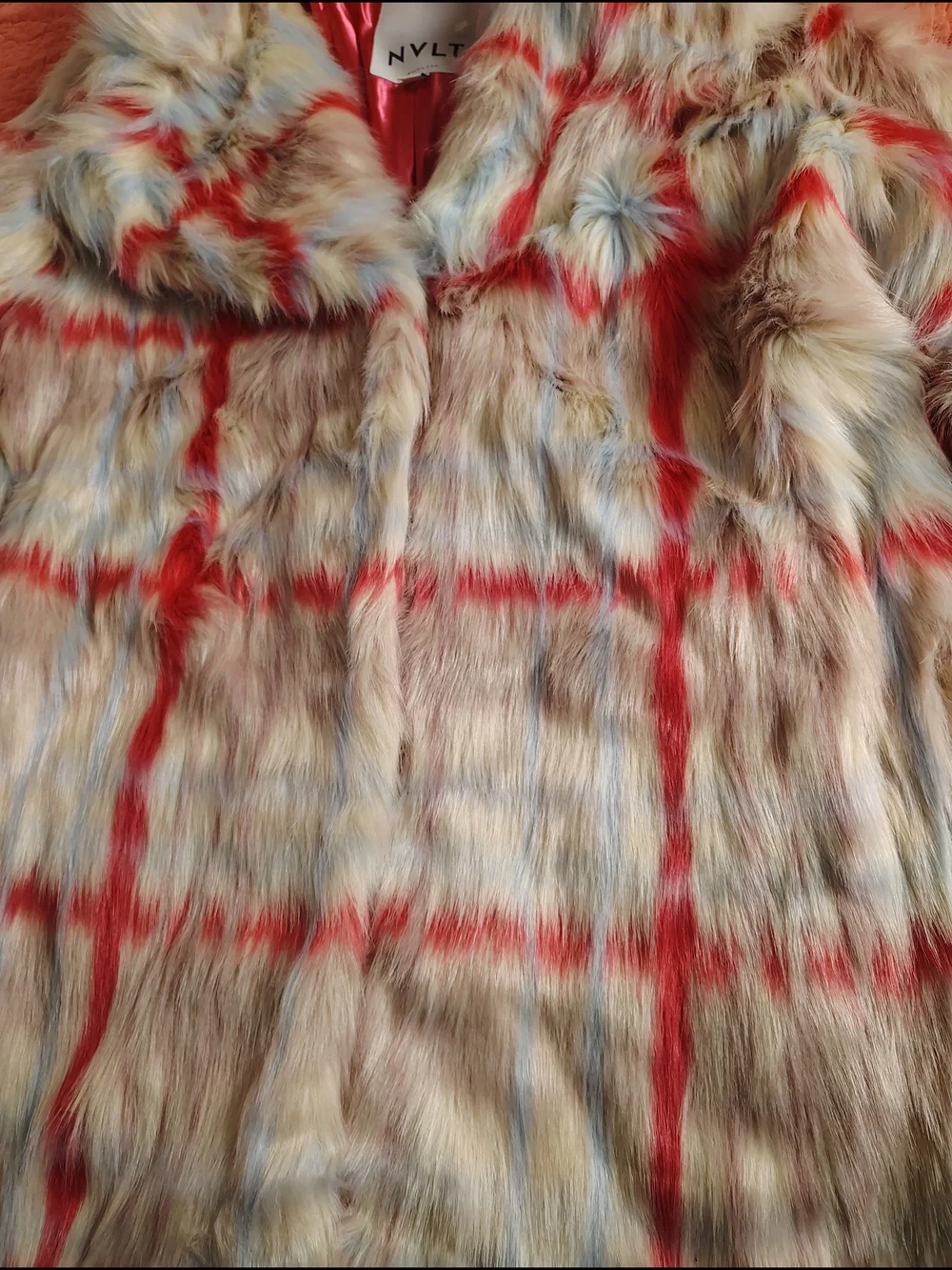 NVLT Girls Faux Fur Plaid Pea Coat in Cream, Red & Tan
